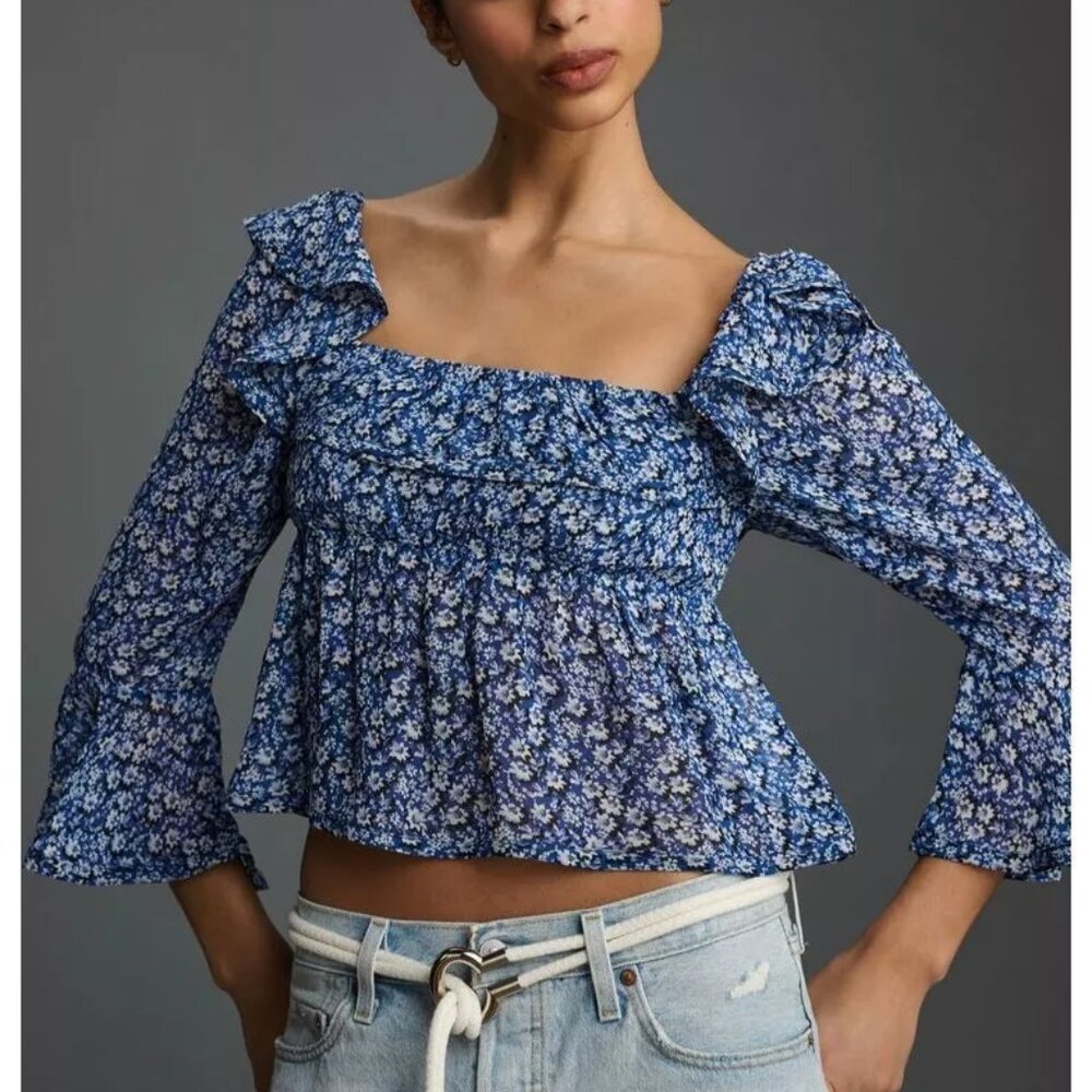 Anthropologie Maeve Square-Neck Sheer Babydoll Top Floral Blue Motif Small